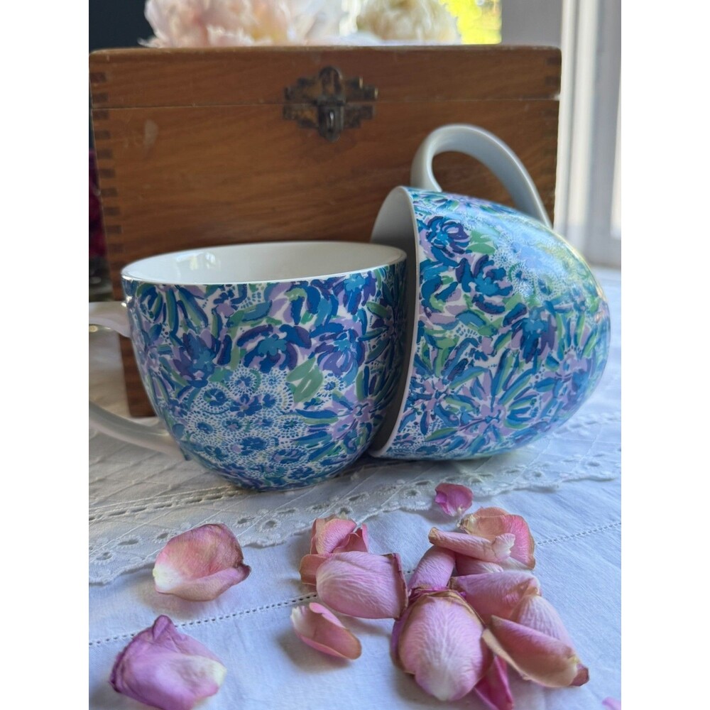 Lilly Pulitzer Set 2 Mugs Blue Green Floral Tropical Print Preppy Coastal Cups - Picture 13 of 16